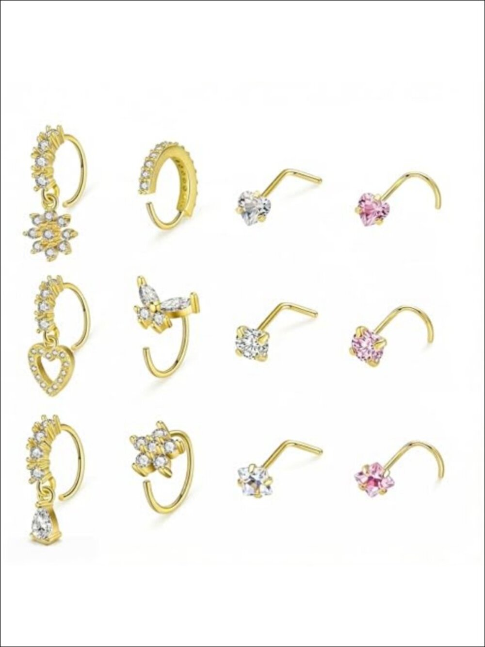20G Gold Plated Stainless Steel Nose Ring Set 12Pc Hoops Studs